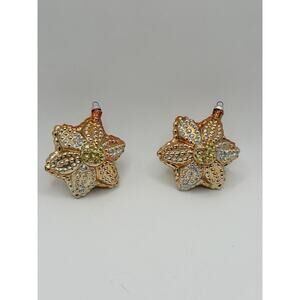 2 Vintage Gold Poinsettia Star Shaped Glass Christmas Ornaments Glitter Holiday